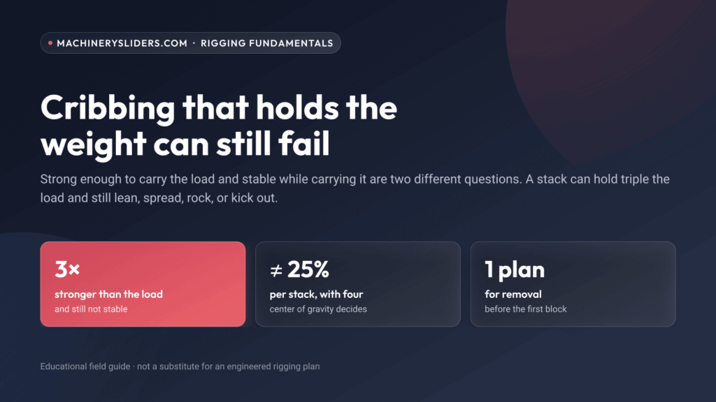 Cribbing stability summary: a stack can be three times stronger than the load and still fail, four stacks do not each carry 25 percent of the weight, and removal is planned before the first block goes in